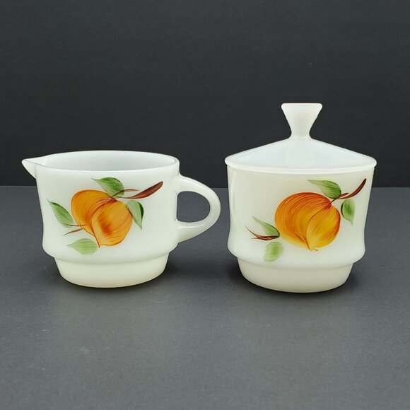 Anchor Hocking Fire King Fruit Peach Gay Fad Creamer Sugar Bowl with Lid - Picture 1 of 13